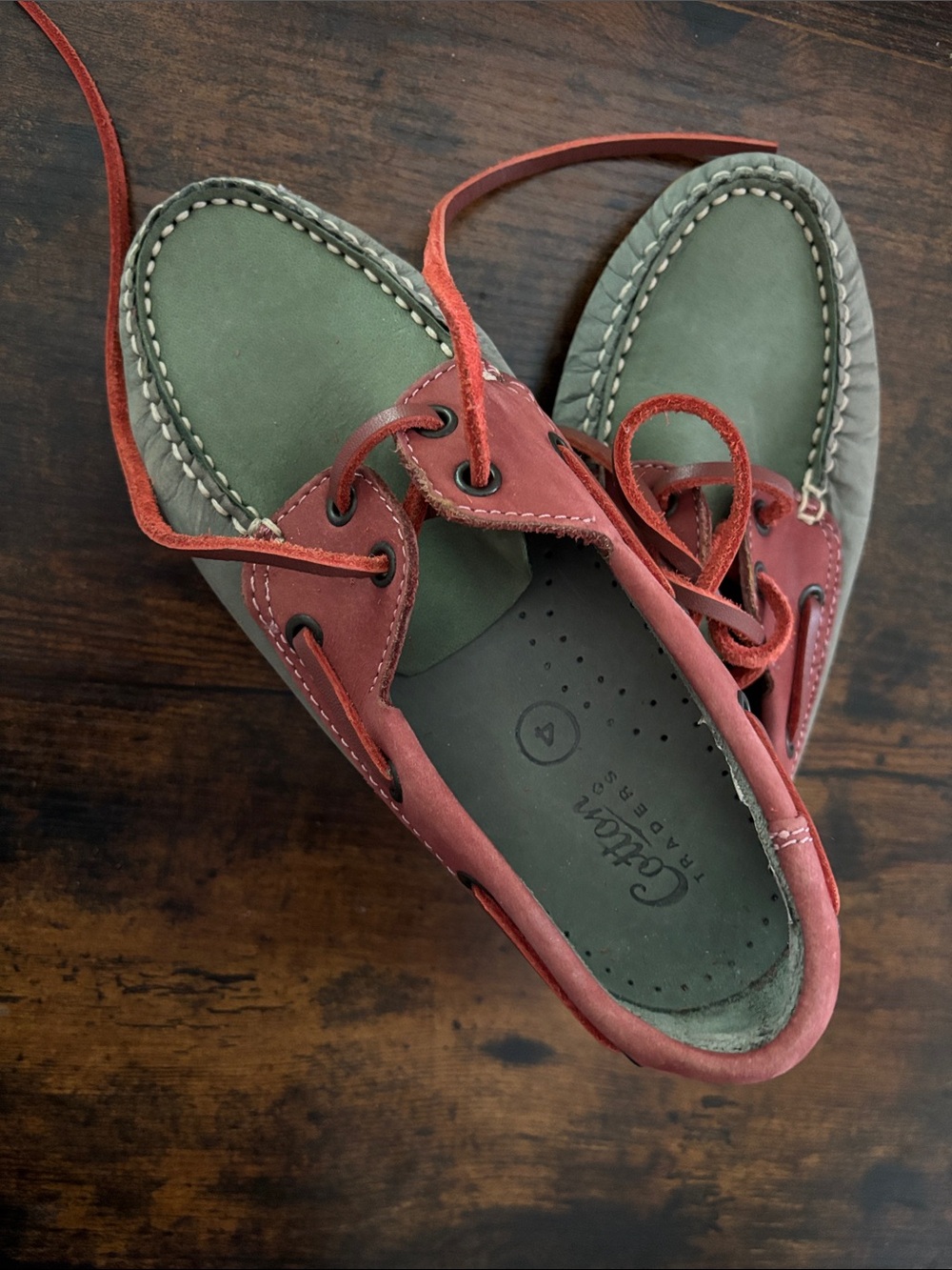 NEW Cotton Traders Leather Boat Shoes Burgundy Green & Gray UK4 (US Women’s 6)